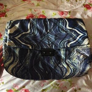 Artistic Blue and White Shoulder Bag with Glossy Finish